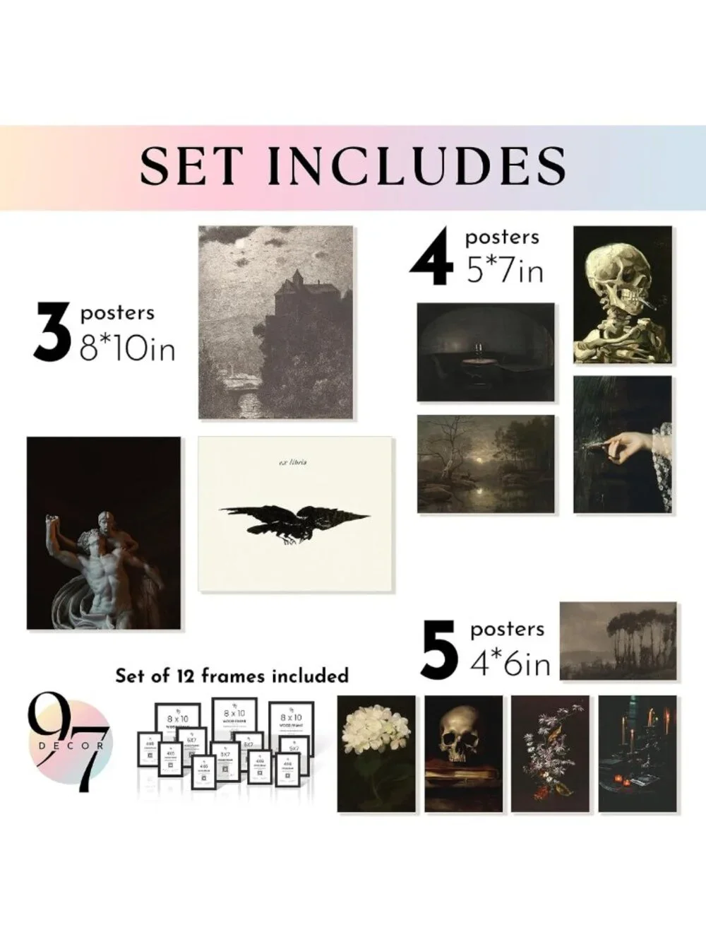 Gothic Wall Art Set - 12 Dark Academia Prints in Black Frame for Home Decor